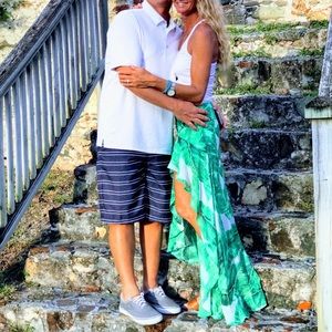 Green & White Olivaceous Skirt with High Slit